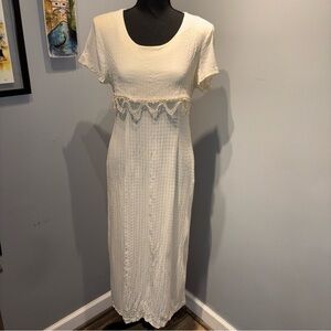 VTG All That Jazz Ivory Gingham Dress Empire Tie Waist  Embroidery elegant SzM‎